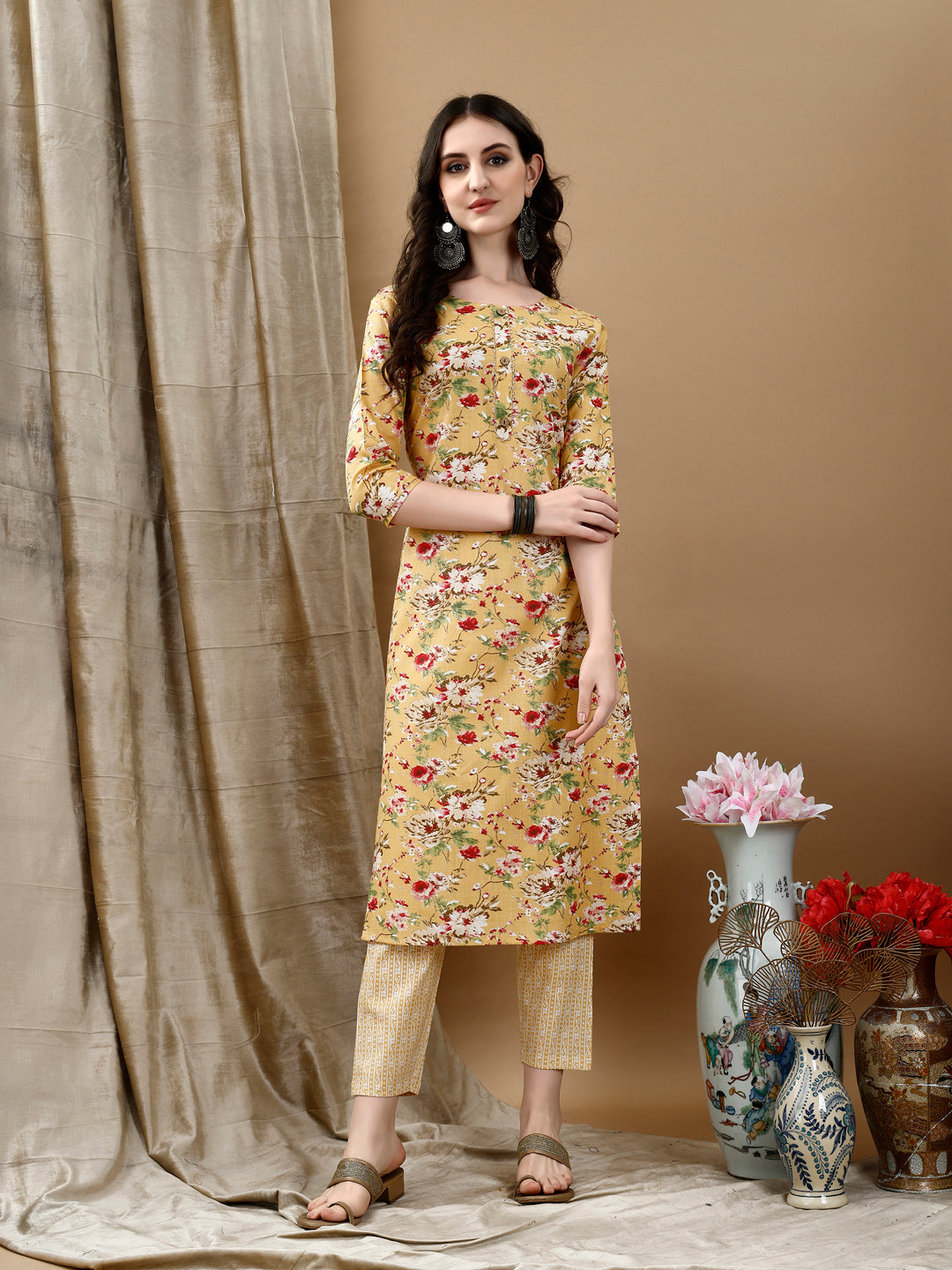 Yellow Floral Printed Cotton Kurta Set with Dupatta