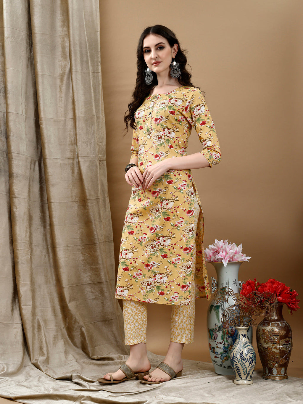Yellow Floral Printed Cotton Kurta Set with Dupatta
