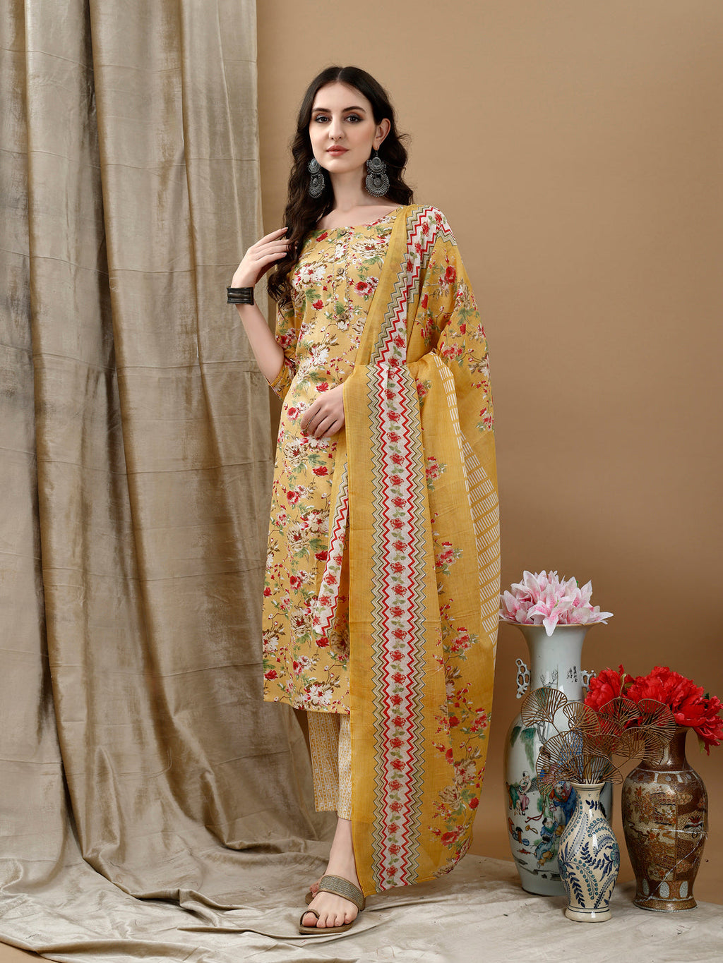 Yellow Floral Printed Cotton Kurta Set with Dupatta