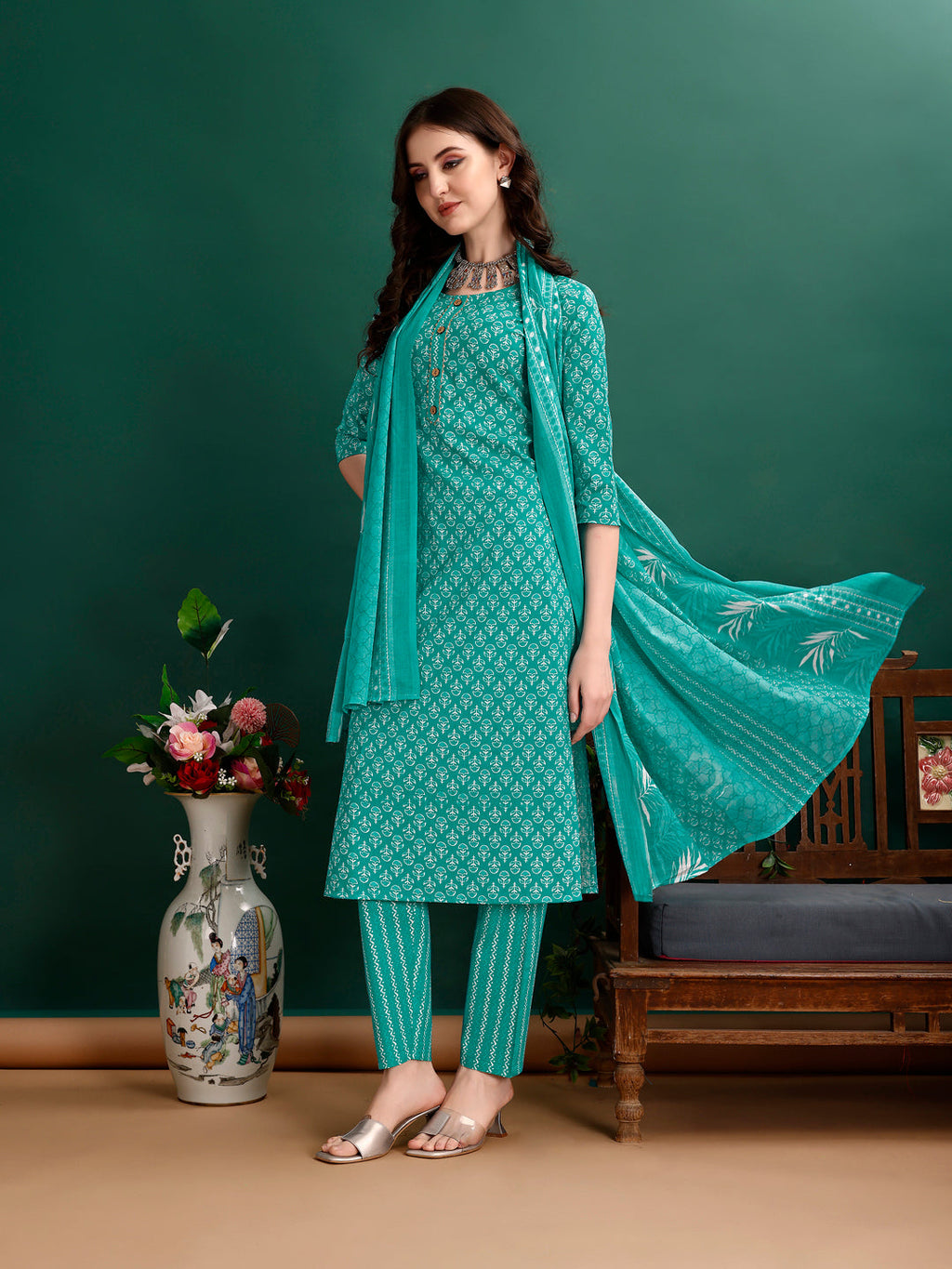 Blue Ethnic Motifs Printed Kurta Set with Pant and Dupatta