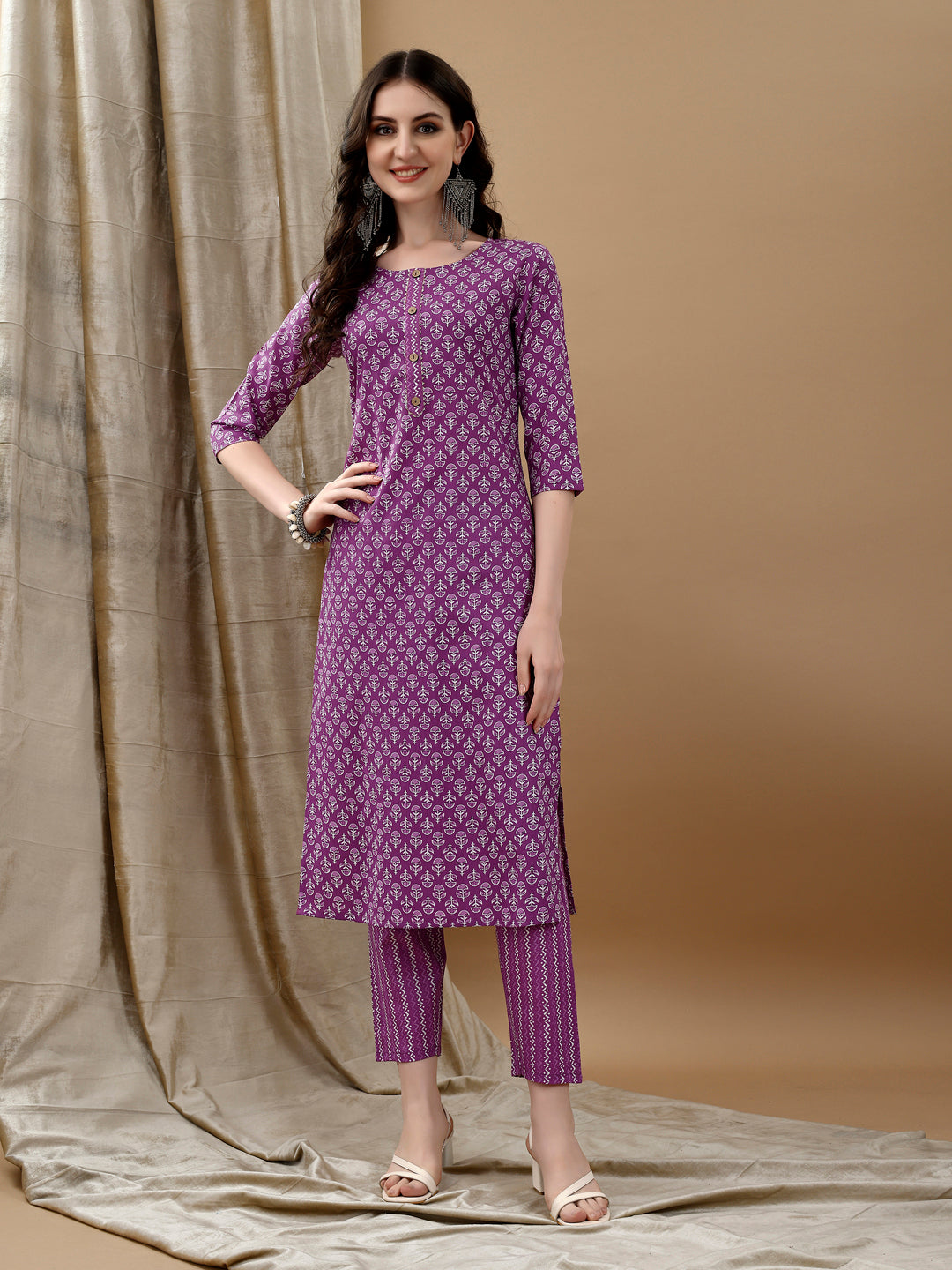 Purple Ethnic Motifs Printed Kurta with Pant and Dupatta Set