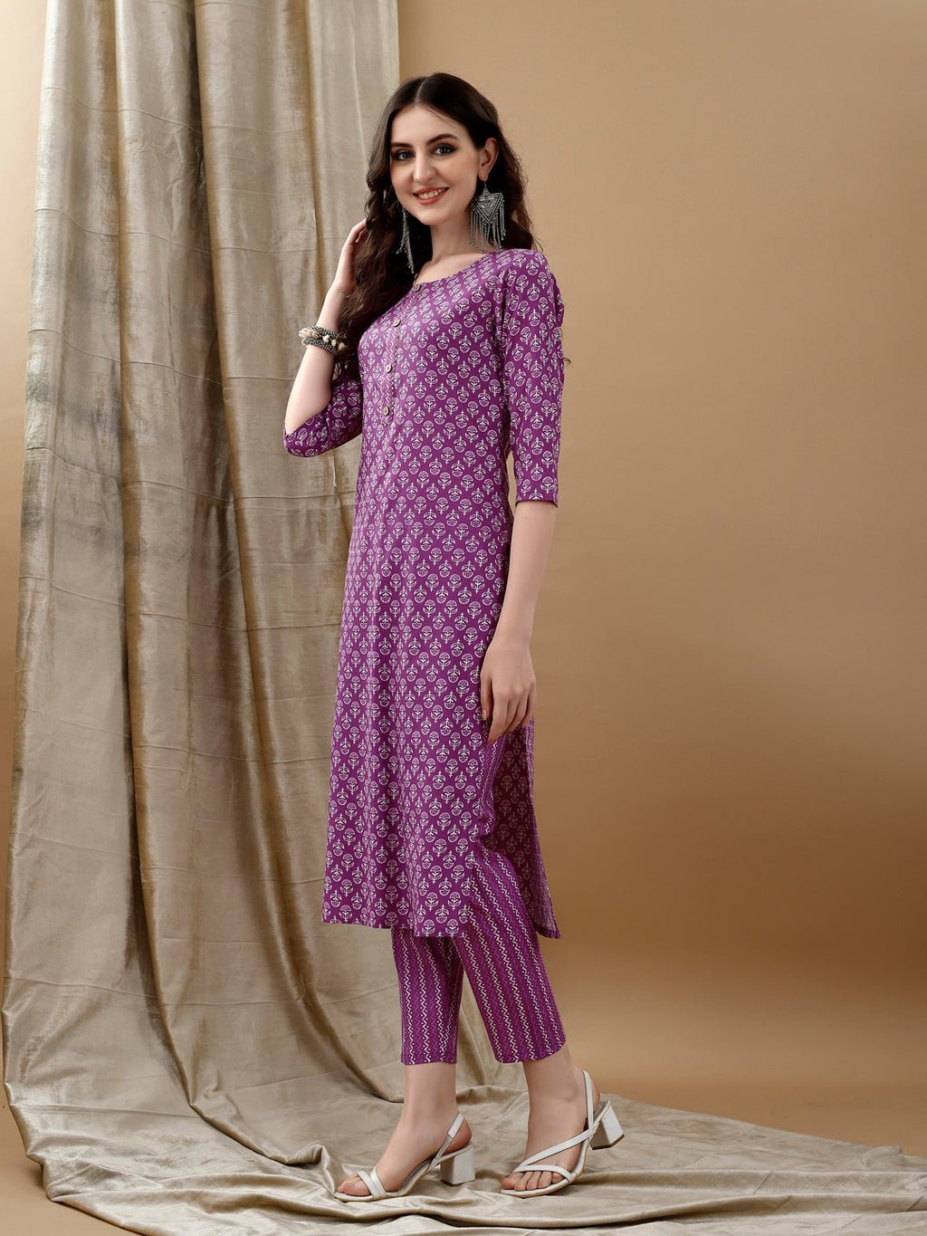 Purple Ethnic Motifs Printed Kurta with Pant and Dupatta Set