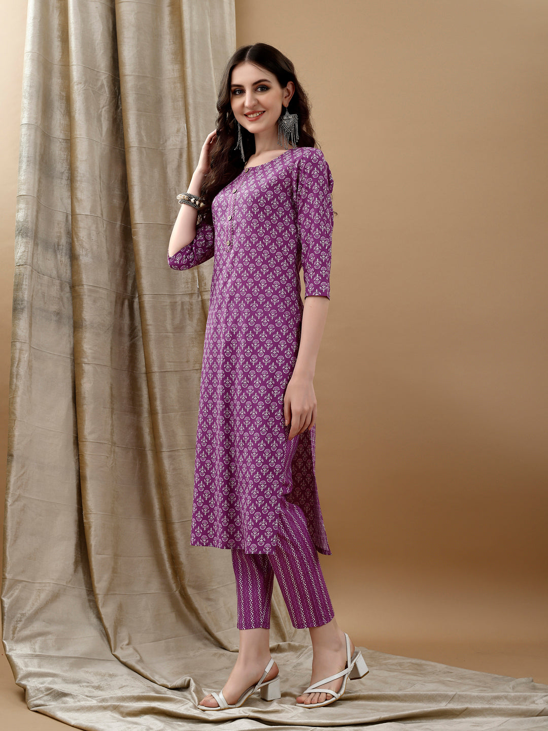 Purple Ethnic Motifs Printed Kurta with Pant and Dupatta Set