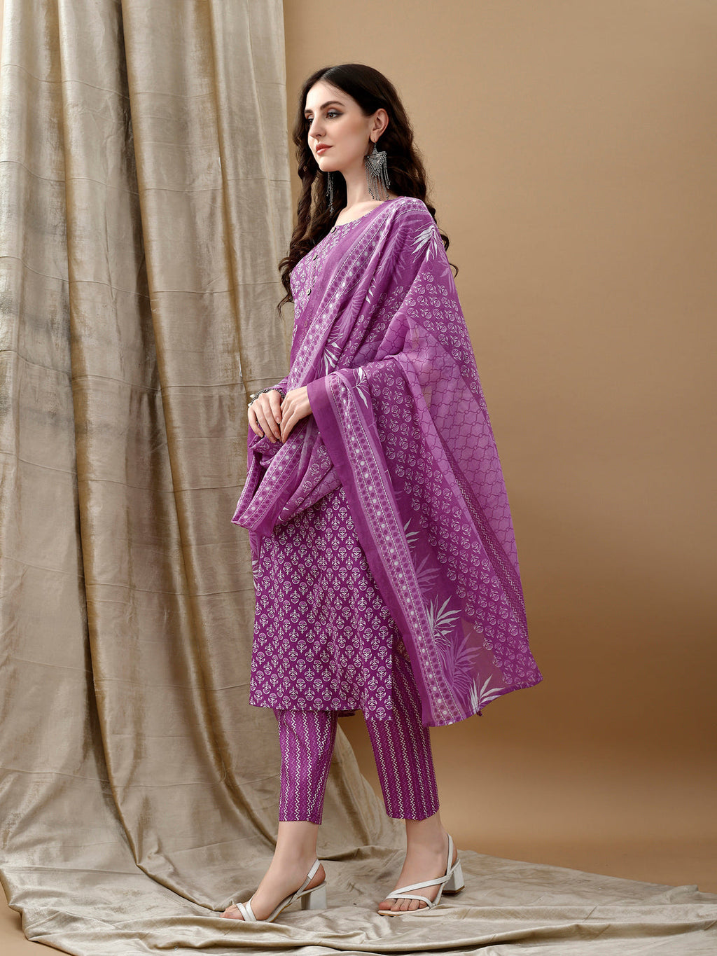 Purple Ethnic Motifs Printed Kurta with Pant and Dupatta Set