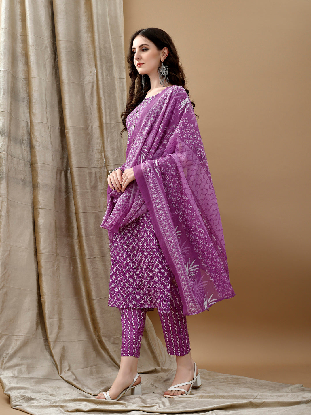 Purple Ethnic Motifs Printed Kurta with Pant and Dupatta Set