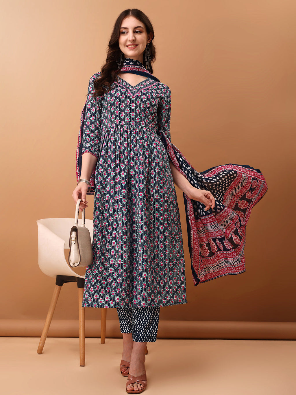 Blue Nyra cut kurta with ethnic motifs, rayon fabric, 3/4 sleeves, and matching dupatta