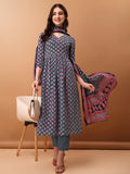 Blue Nyra cut kurta with ethnic motifs, rayon fabric, 3/4 sleeves, and matching dupatta