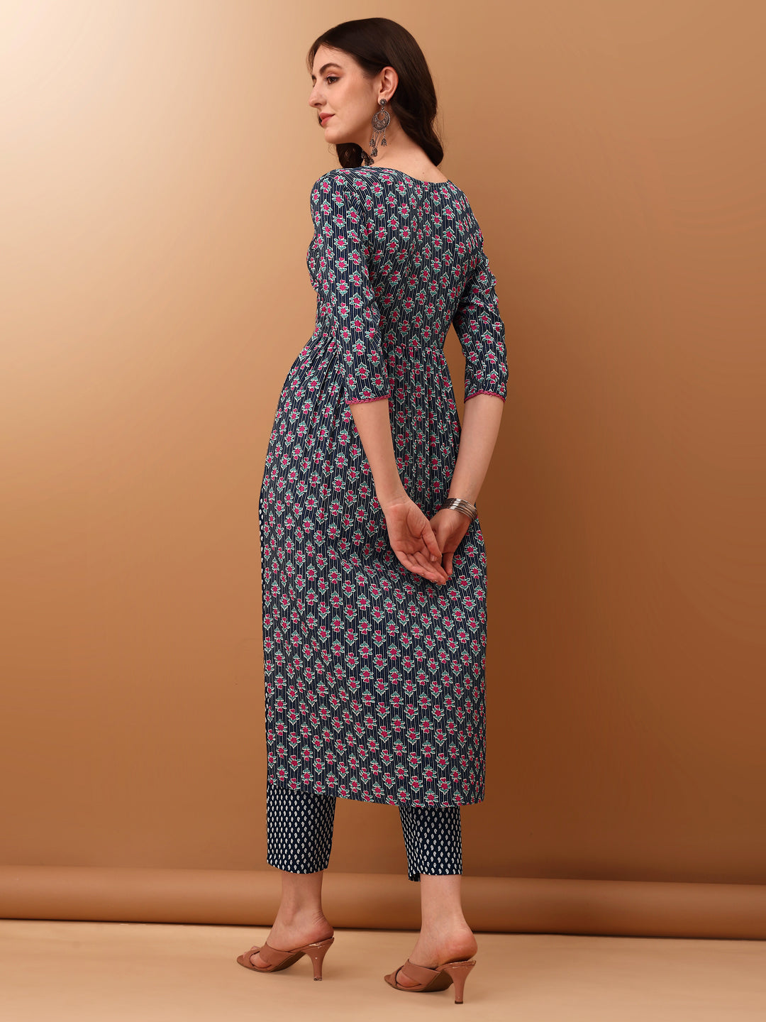 Blue Nyra Cut Ethnic Motifs Printed Kurta Set with Dupatta