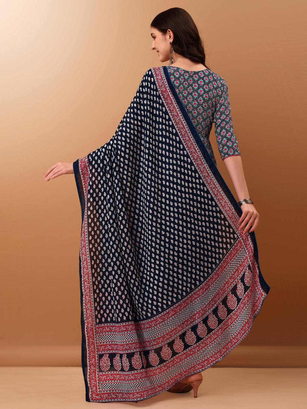 Blue Nyra Cut Ethnic Motifs Printed Kurta Set with Dupatta
