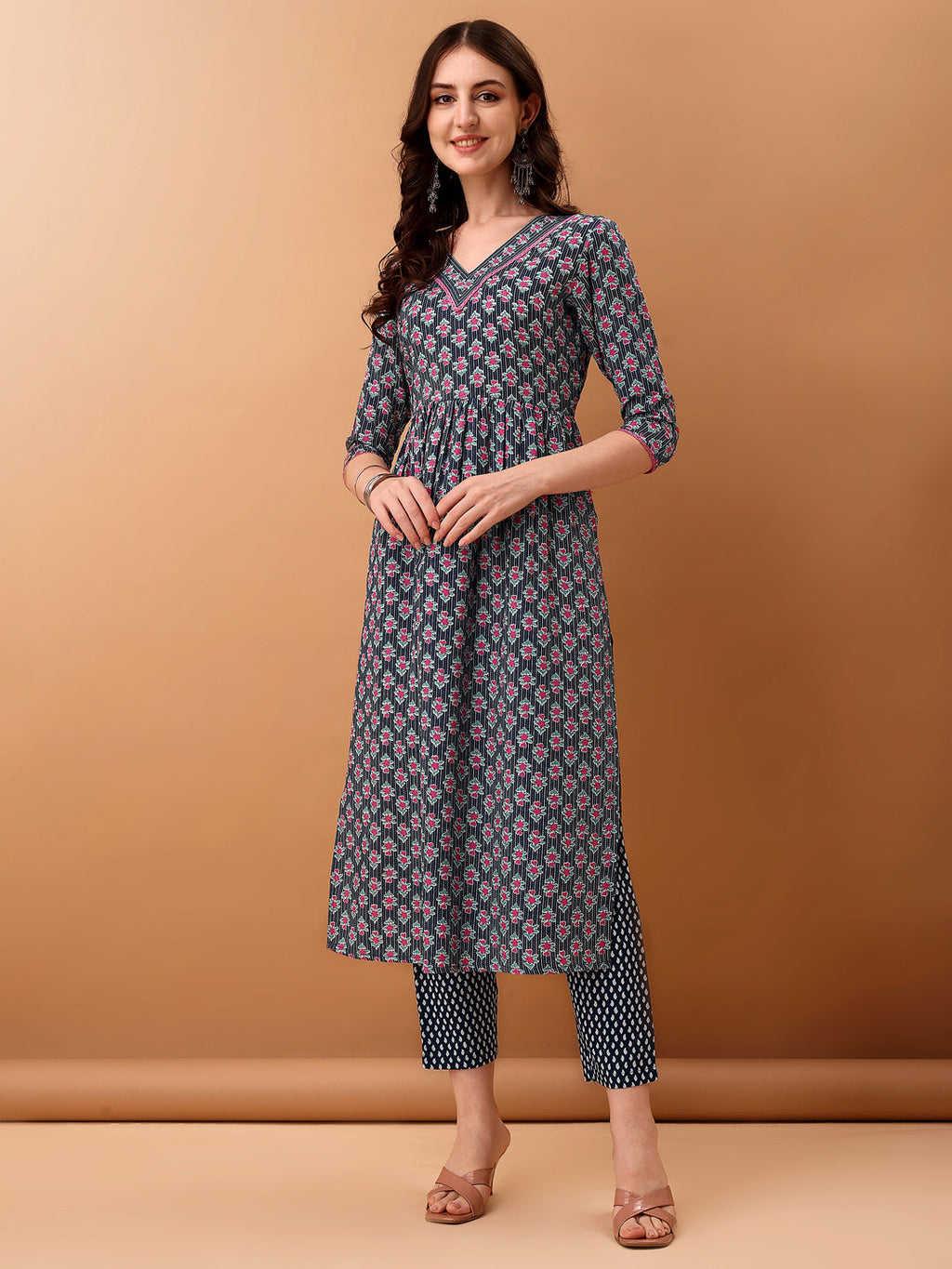 Blue Nyra Cut Ethnic Motifs Printed Kurta Set with Dupatta