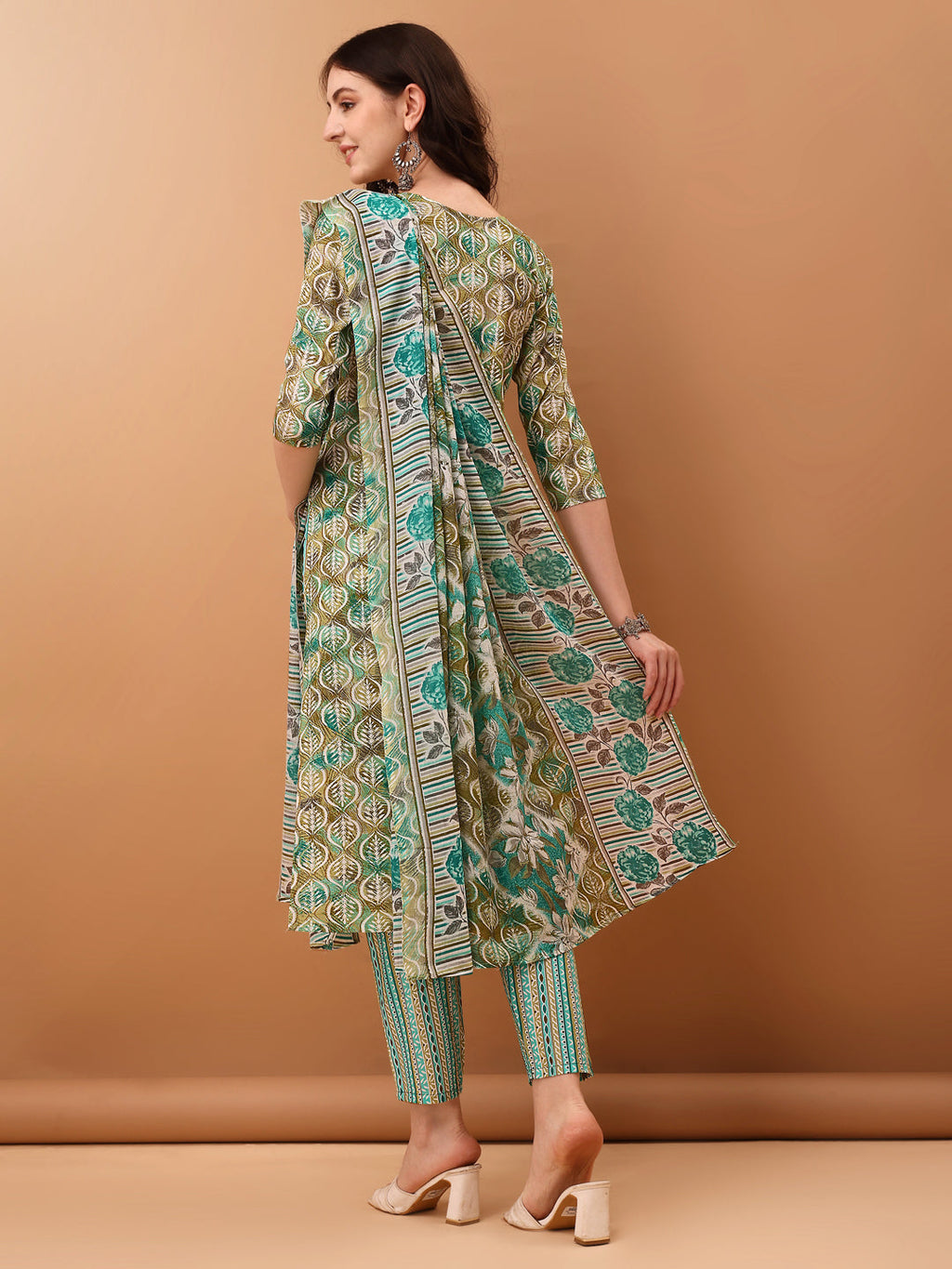 Green Floral Printed Cotton Kurta Set with Pant and Dupatta