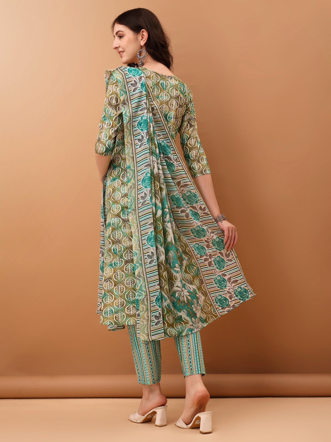 Green Floral Printed Cotton Kurta Set with Pant and Dupatta