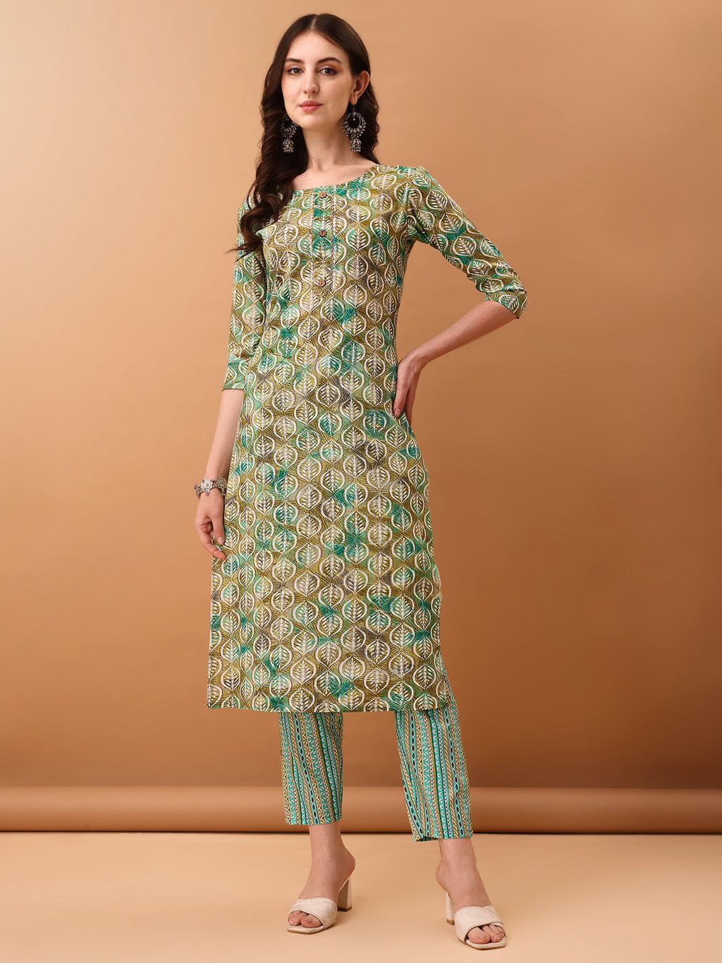 Green Floral Printed Cotton Kurta Set with Pant and Dupatta