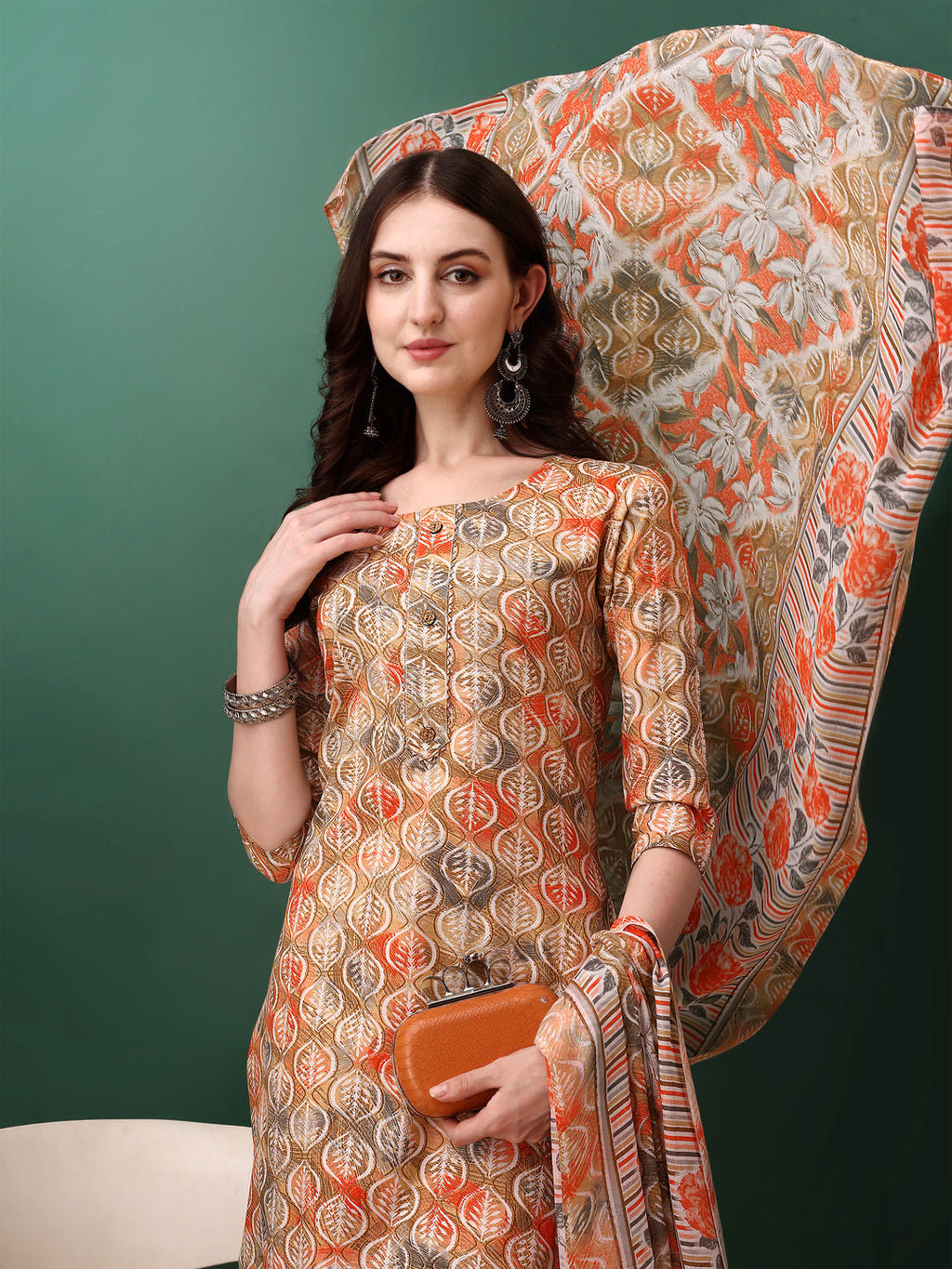 Orange floral printed cotton kurta set with matching pants and dupatta