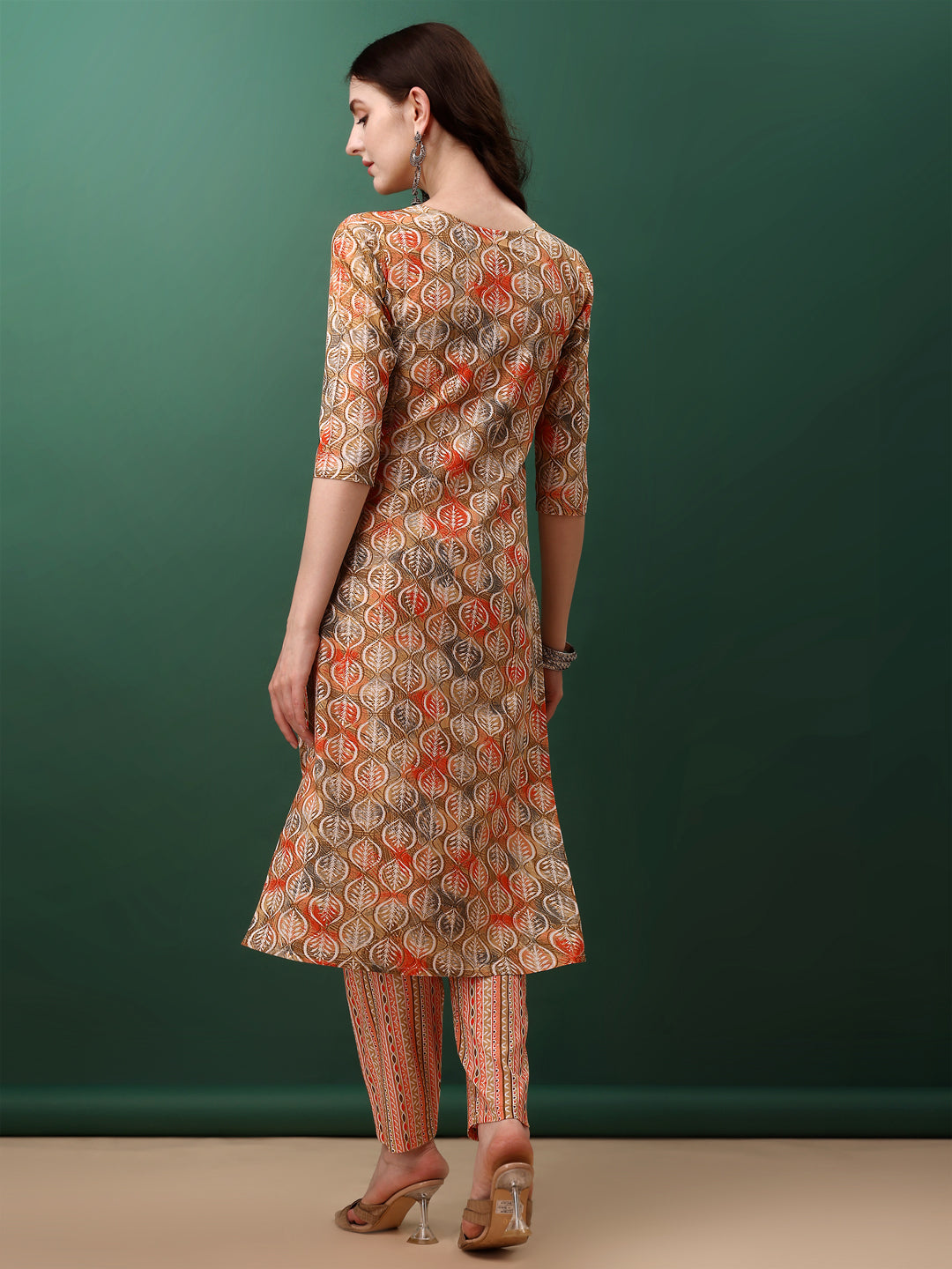 Orange Floral Printed Kurta Set with 3/4 Sleeves and Dupatta
