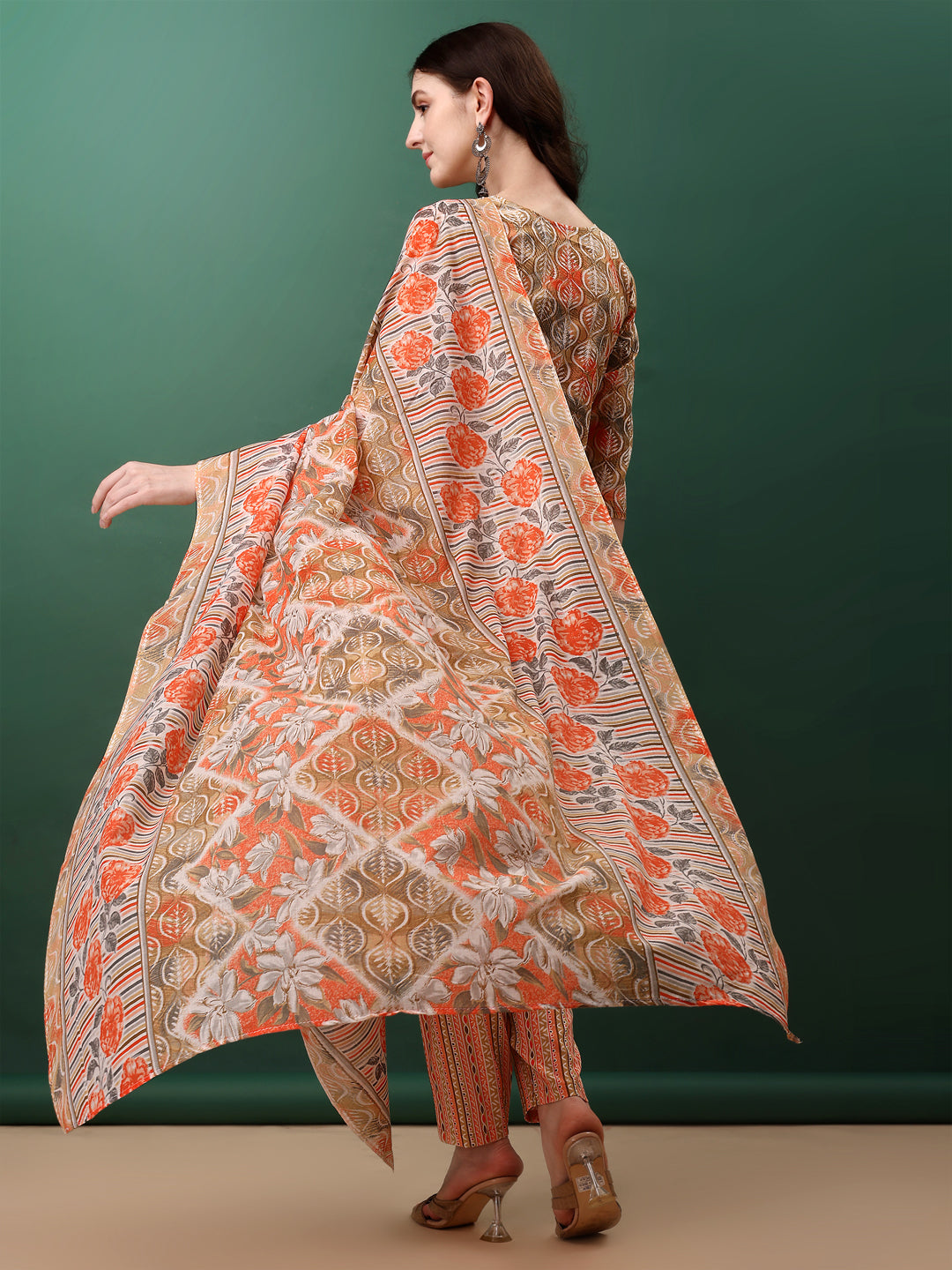 Orange Floral Printed Kurta Set with 3/4 Sleeves and Dupatta