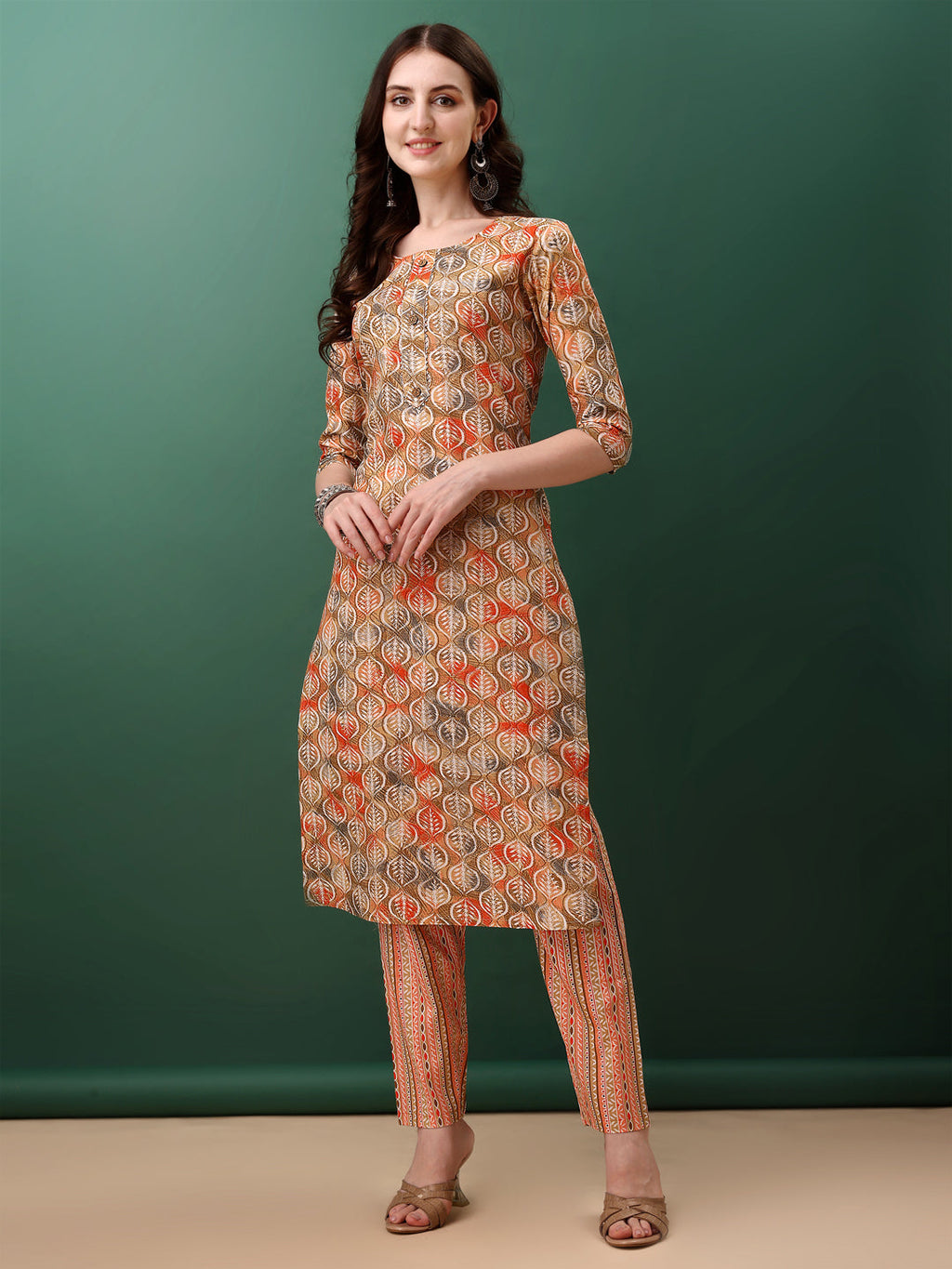 Orange Floral Printed Kurta Set with 3/4 Sleeves and Dupatta