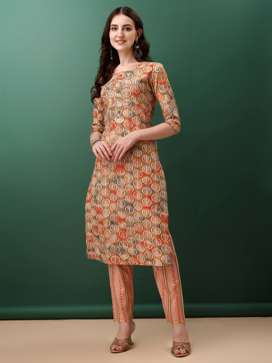 Orange Floral Printed Kurta Set with 3/4 Sleeves and Dupatta