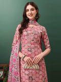 Pink floral printed cotton kurta set with pants and dupatta for women