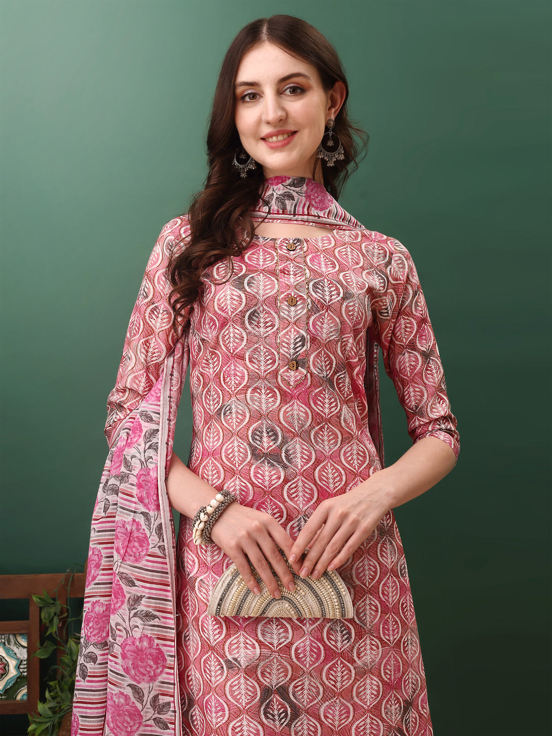 Pink floral printed cotton kurta set with pants and dupatta for women