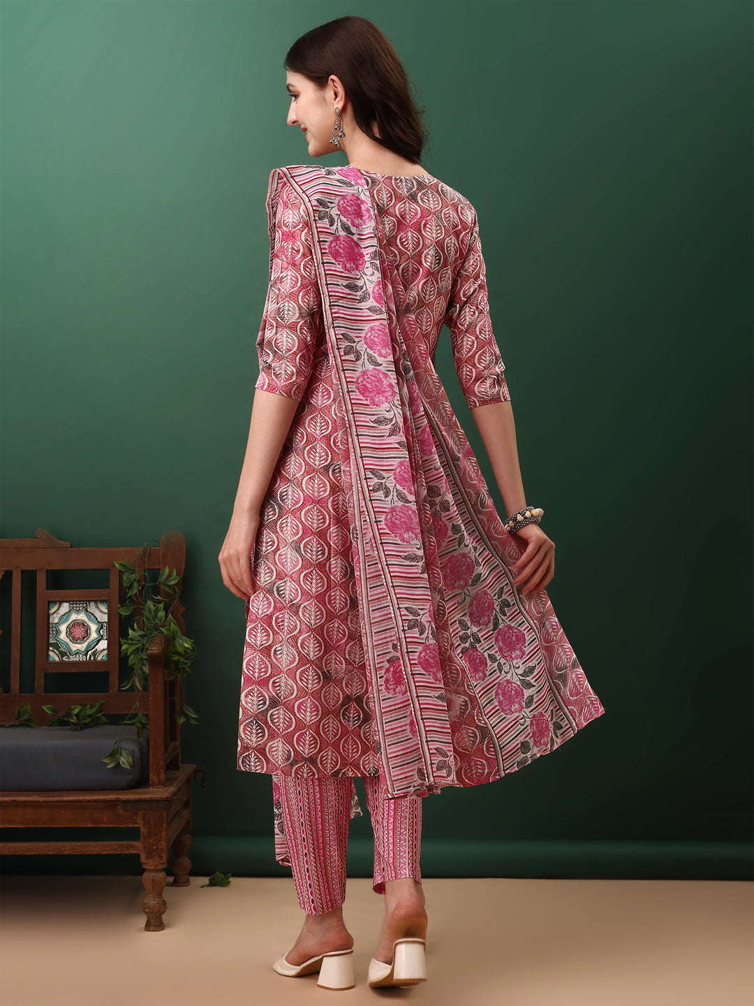Women's Floral Printed Cotton Kurta Set with Pant and Dupatta - Pink