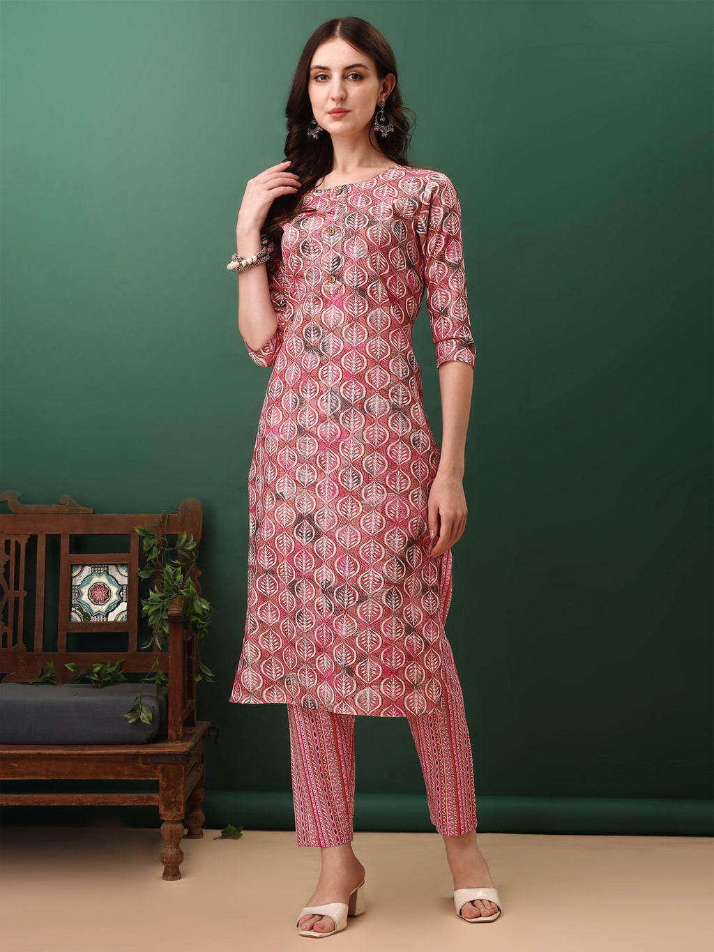 Women's Floral Printed Cotton Kurta Set with Pant and Dupatta - Pink