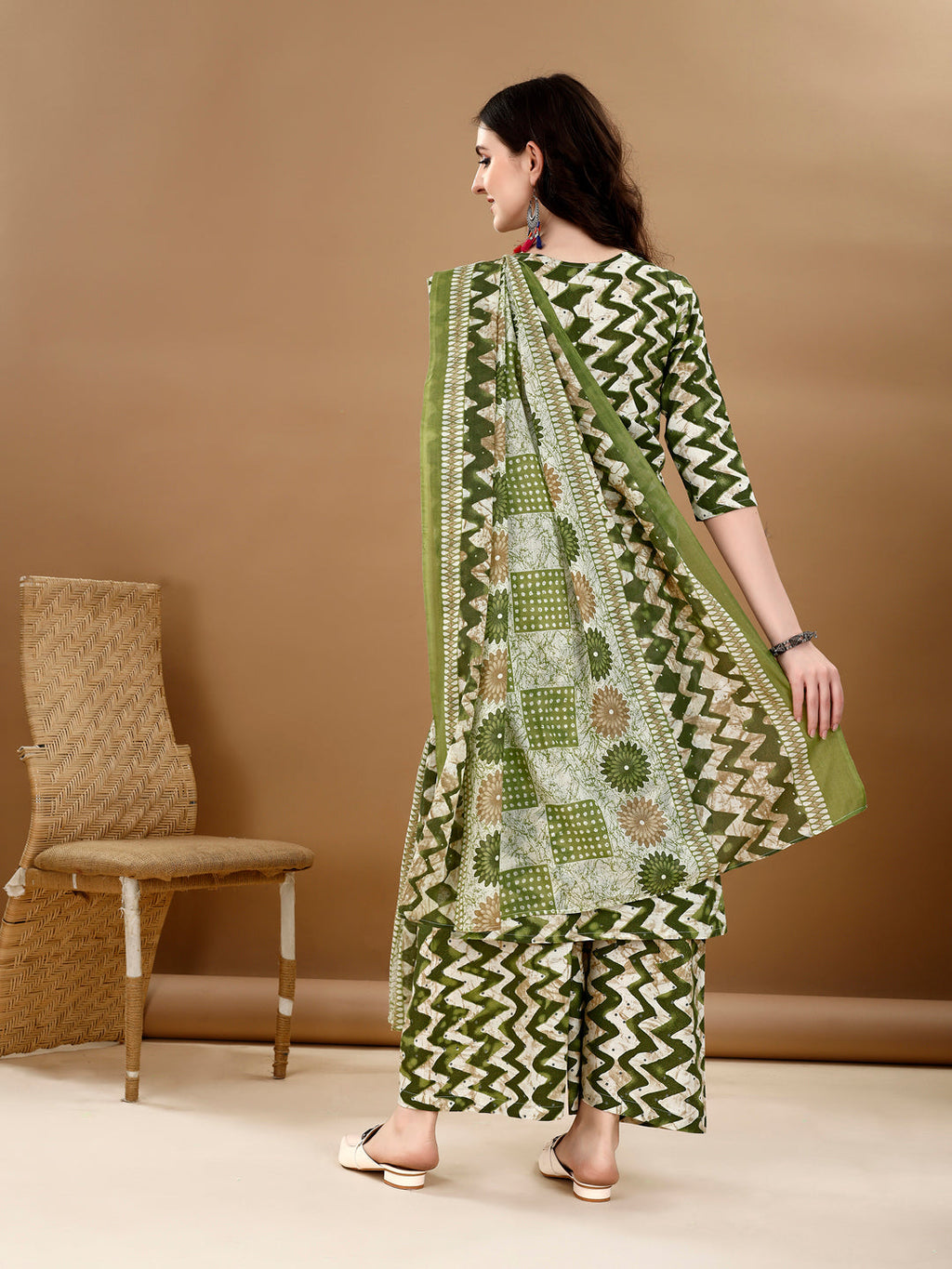 Green Chevron Printed Kurta Set with Palazzo and Dupatta