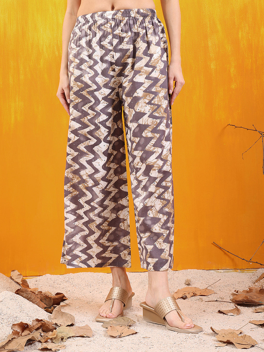 Grey Chevron Printed Kurta Set with Palazzo Pant and Dupatta