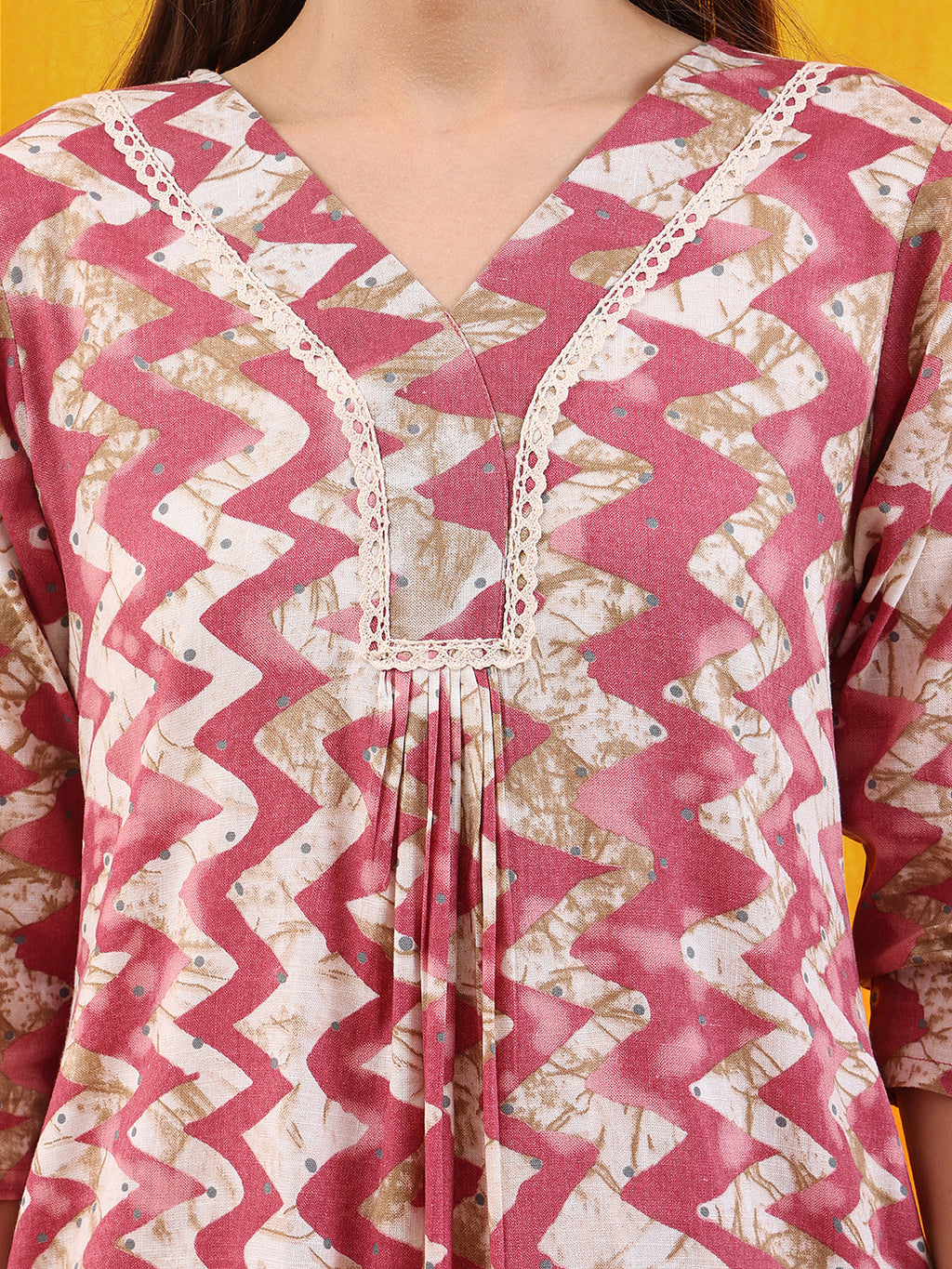 Pink Chevron Printed Kurta Set with Palazzo and Dupatta