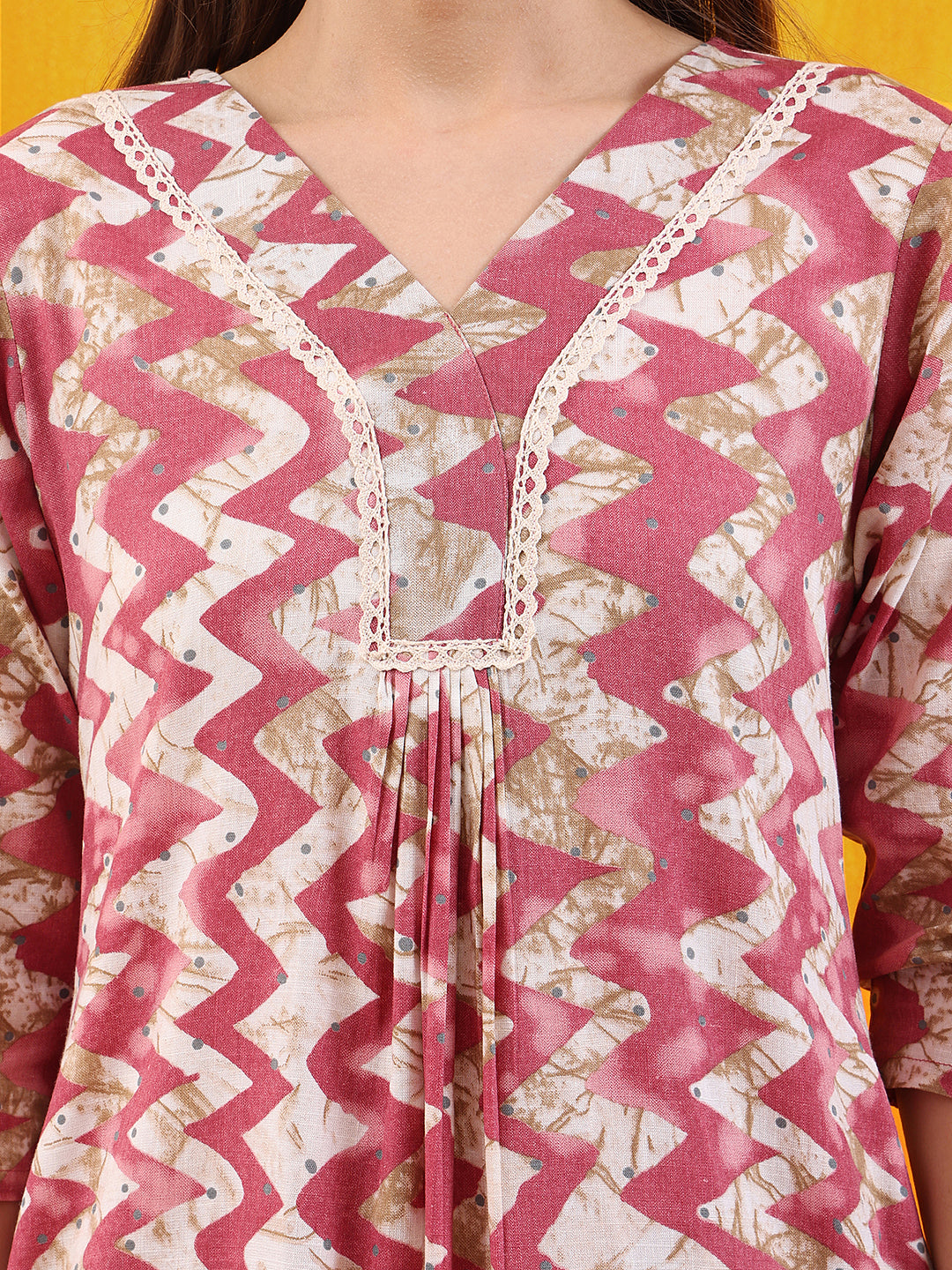 Pink Chevron Printed Kurta Set with Palazzo and Dupatta