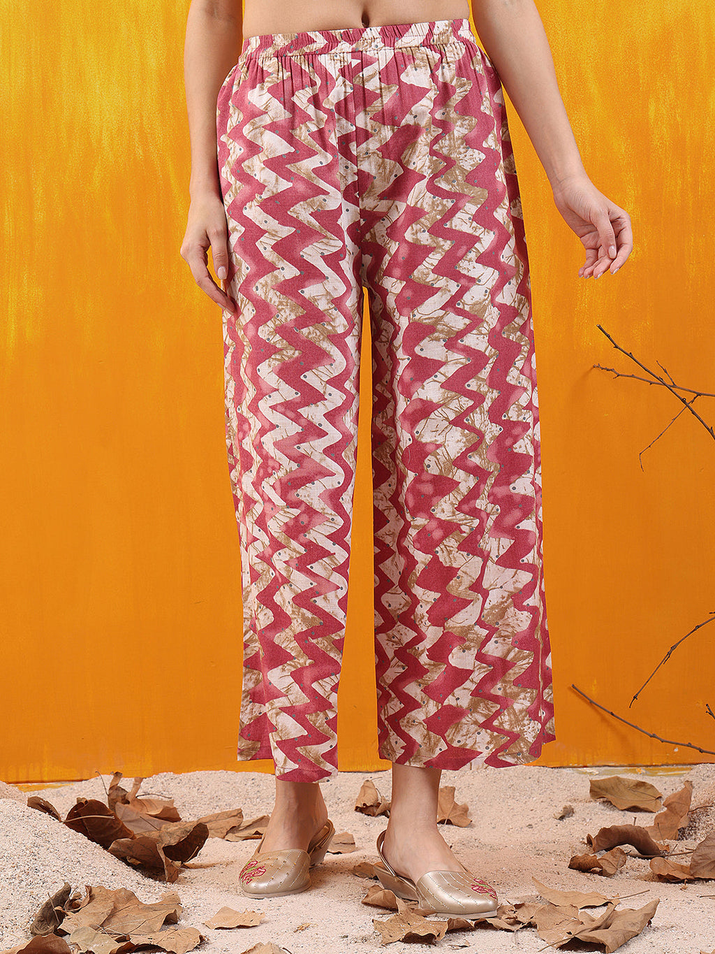 Pink Chevron Printed Kurta Set with Palazzo and Dupatta