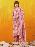 Pink chevron printed kurta with palazzo pants and dupatta.