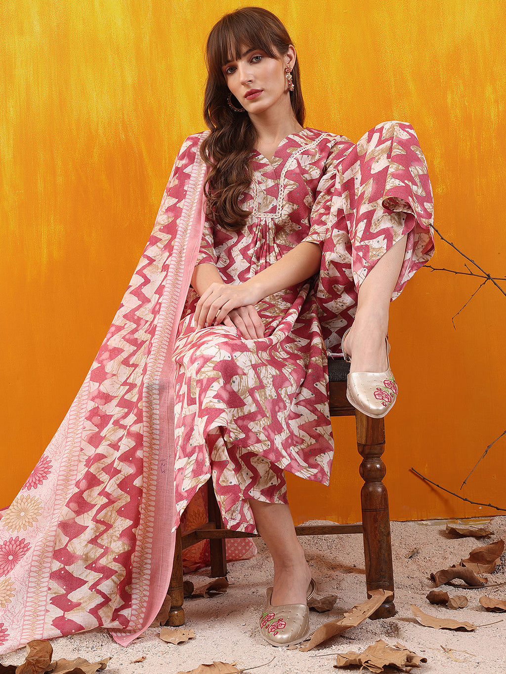 Pink Chevron Printed Kurta Set with Palazzo and Dupatta