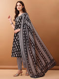 Black floral printed cotton kurta set with 3/4th sleeves, matching pants, and dupatta.