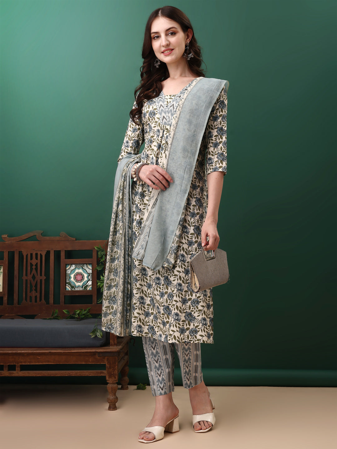 Navy Blue Floral Printed Kurta Set with Pant and Dupatta