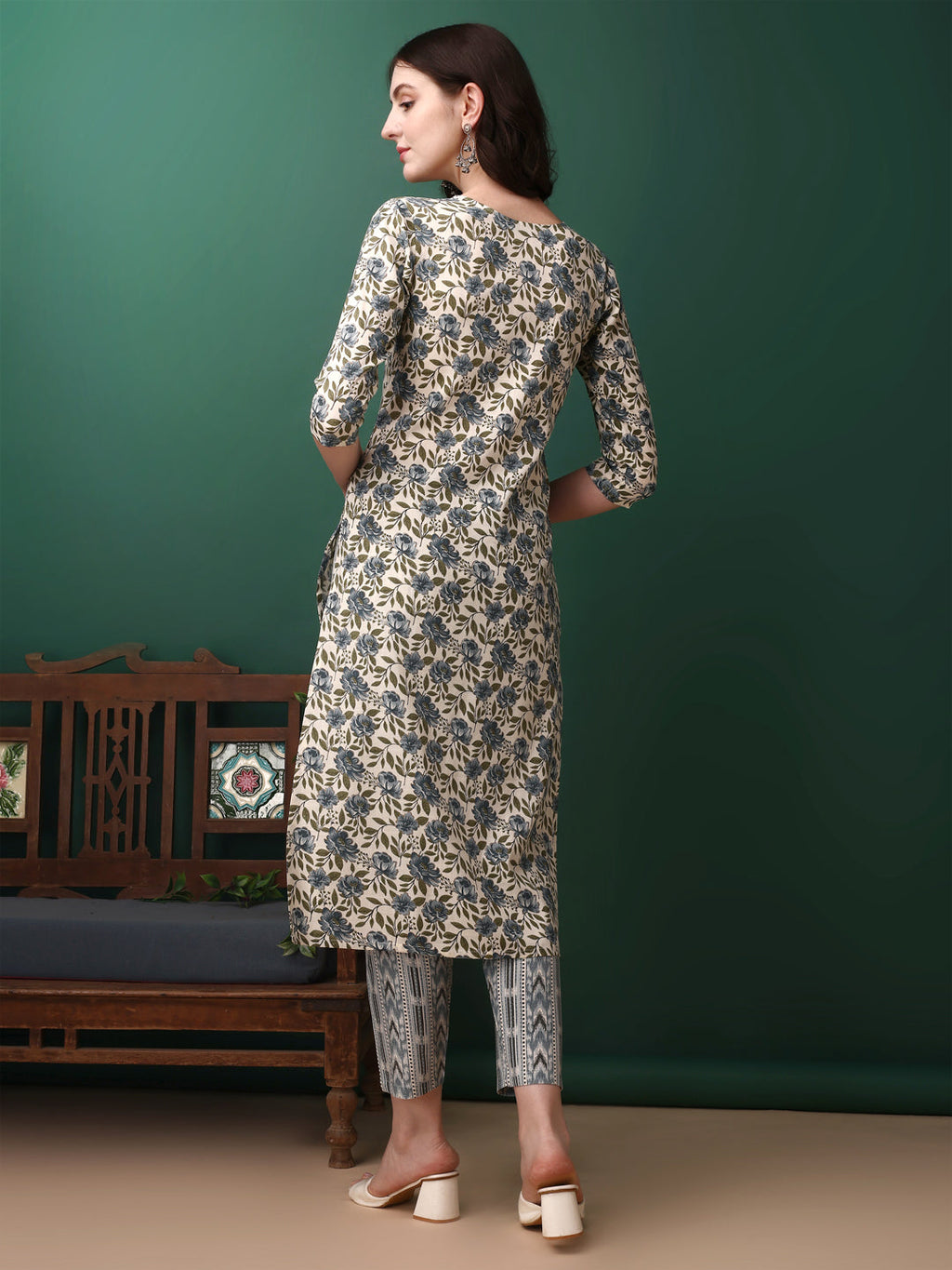 Navy Blue Floral Printed Kurta Set with Pant and Dupatta