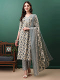 Navy blue floral printed cotton kurta set with matching pant and dupatta