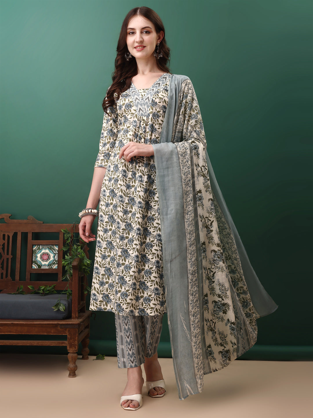 Navy blue floral printed cotton kurta set with matching pant and dupatta