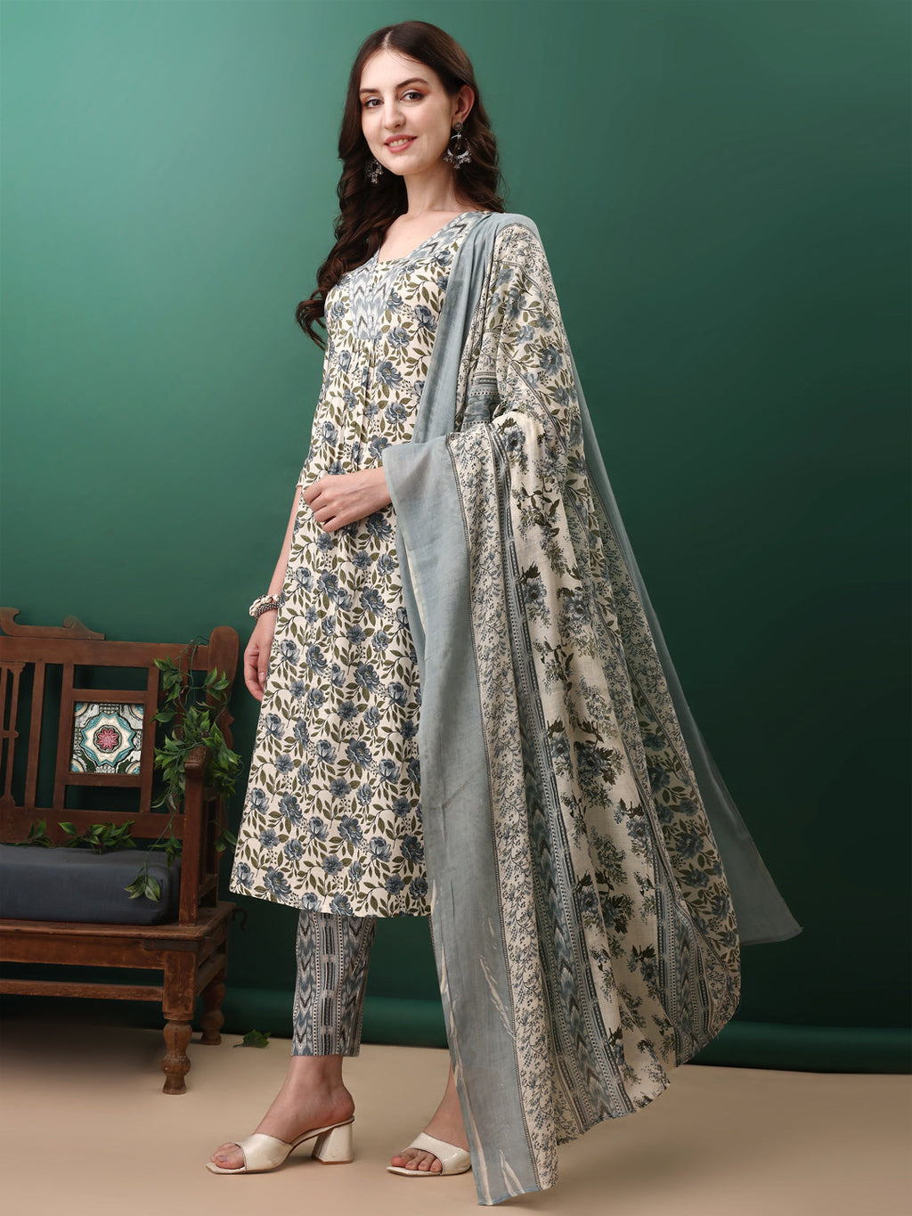 Navy Blue Floral Printed Kurta Set with Pant and Dupatta