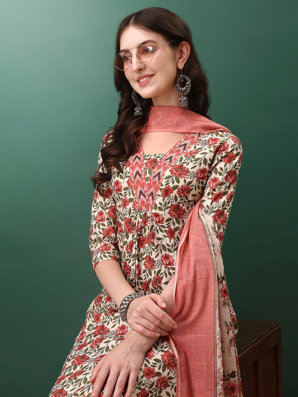 Pink Floral Printed Cotton Kurta Set with 3/4th Sleeves