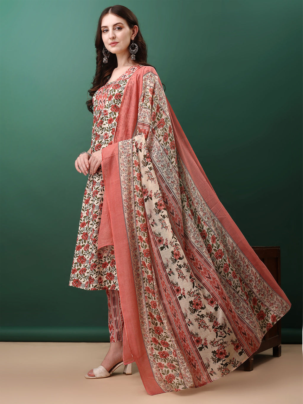 Pink floral printed cotton kurta set with 3/4th sleeves, matching pant, and dupatta.
