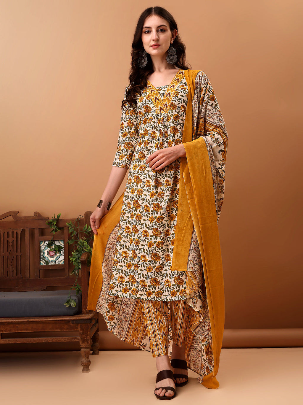 Yellow floral printed cotton kurta set with 3/4th sleeves and matching dupatta