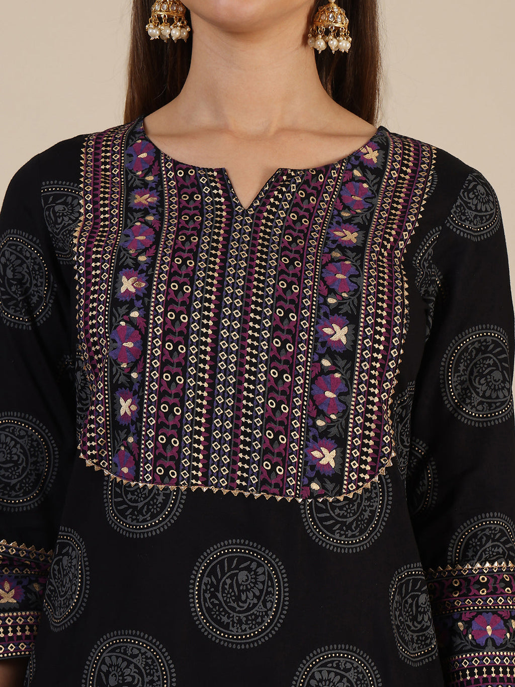 Black Printed Rayon Kurta Set with Pant and Printed Dupatta