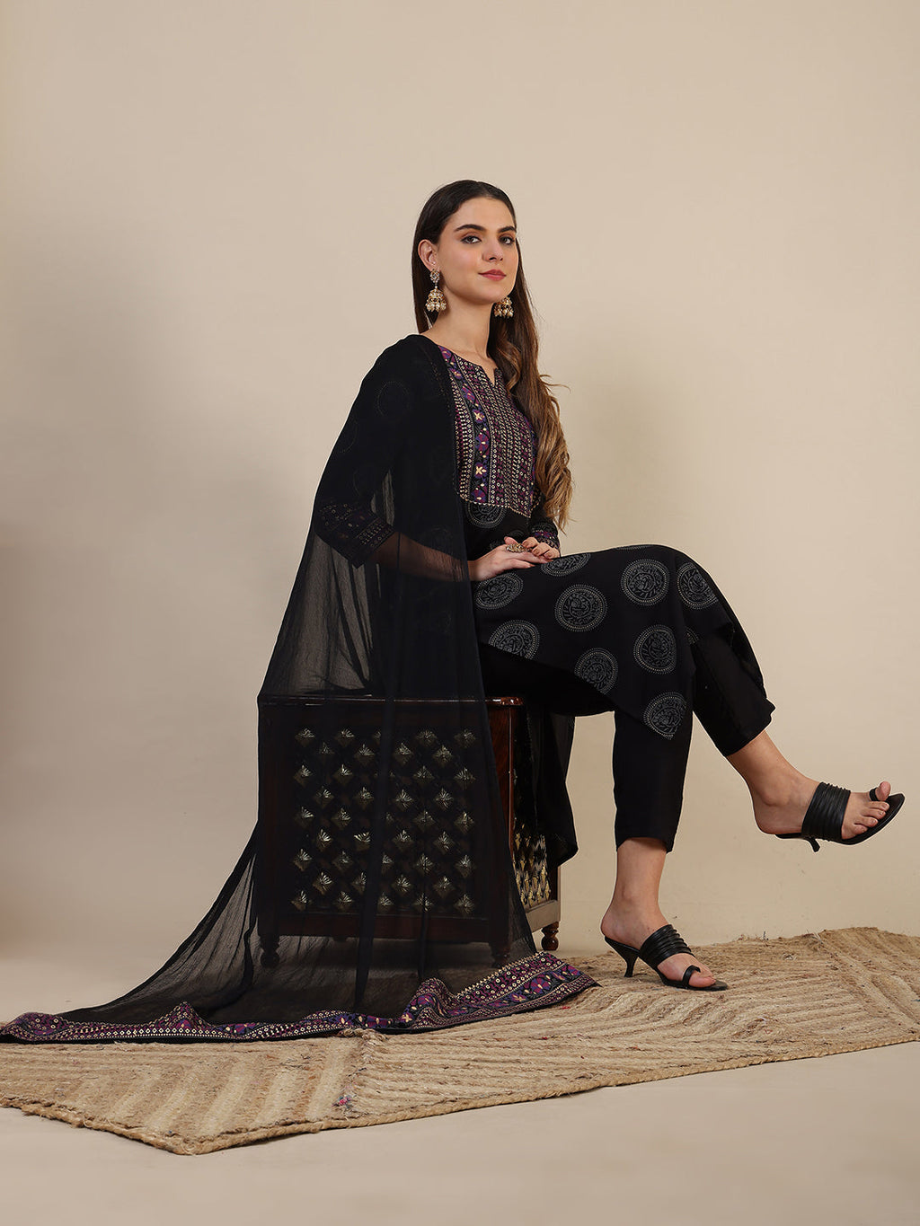Black Printed Rayon Kurta Set with Pant and Printed Dupatta