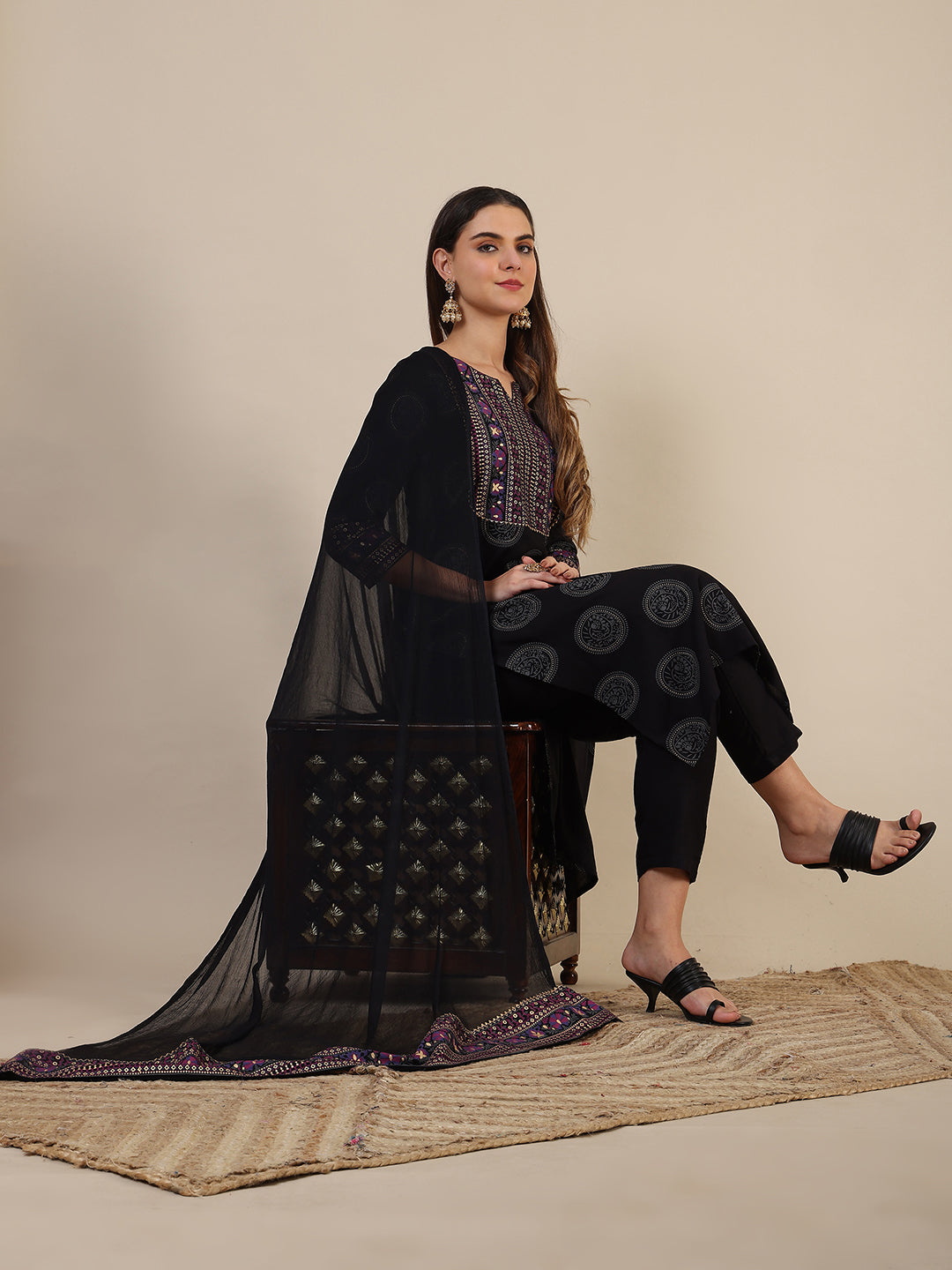 Black Printed Rayon Kurta Set with Pant and Printed Dupatta