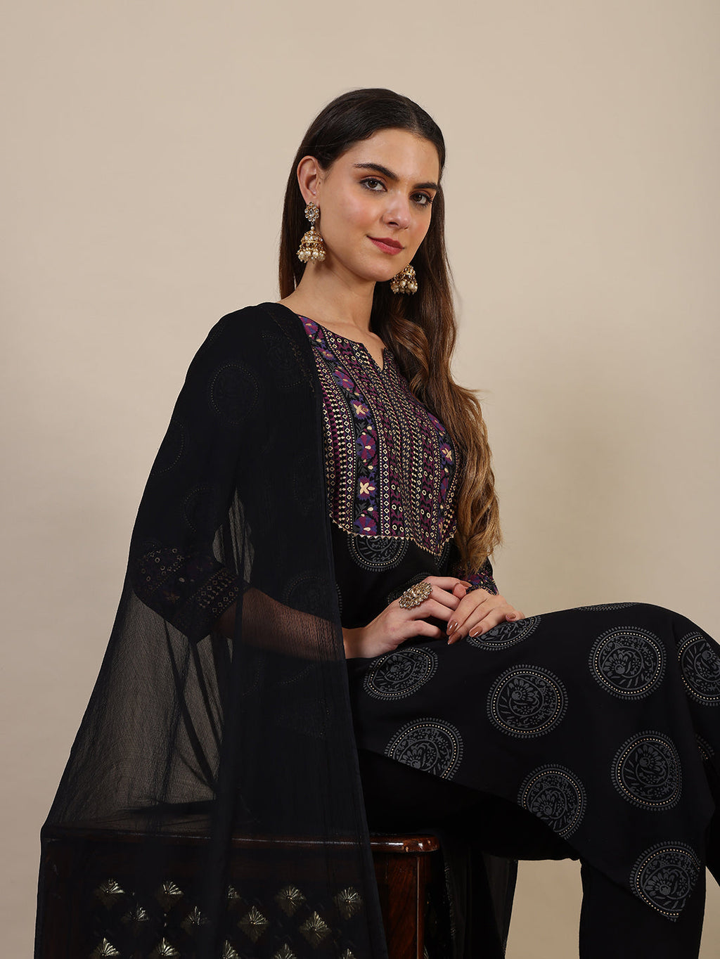 Black Printed Rayon Kurta Set with Pant and Printed Dupatta
