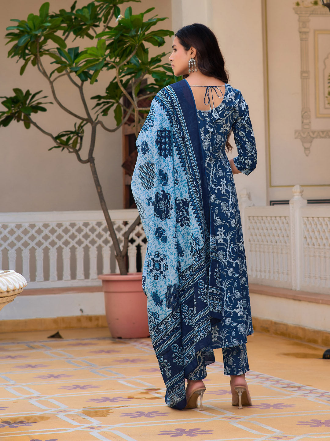 Blue Floral Printed Flared Kurta Set with Pant and Dupatta