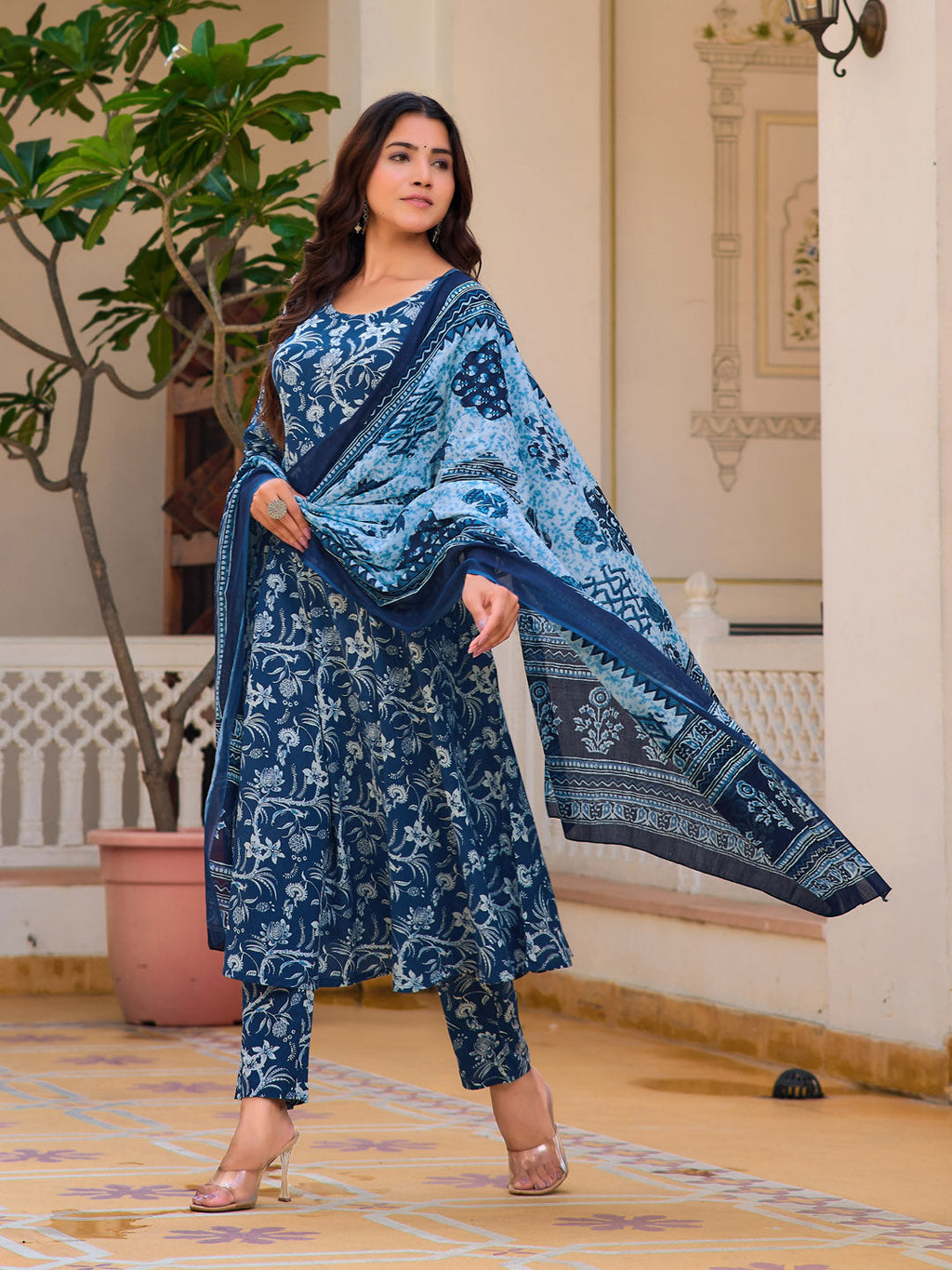 Blue Floral Printed Flared Kurta Set with Pant and Dupatta
