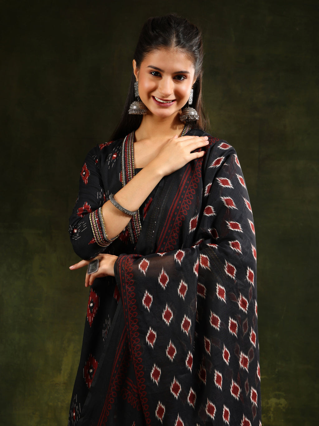 Black Ethnic Motifs Printed A-Line Kurta Set with Pant and Dupatta