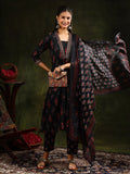 Black A-line kurta with ethnic motifs, paired with matching pants and dupatta